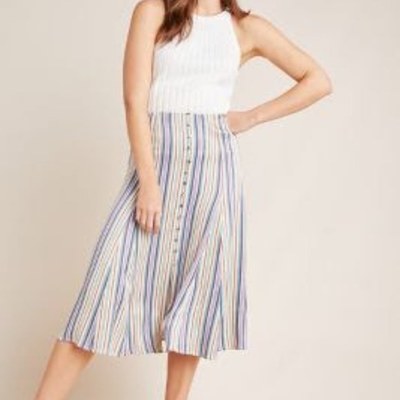 Anthropologie Dresses & Skirts - MEAVE ANTHROPOLOGY Colorful Stripe Button Swing Midi Skirt Coastal Summer